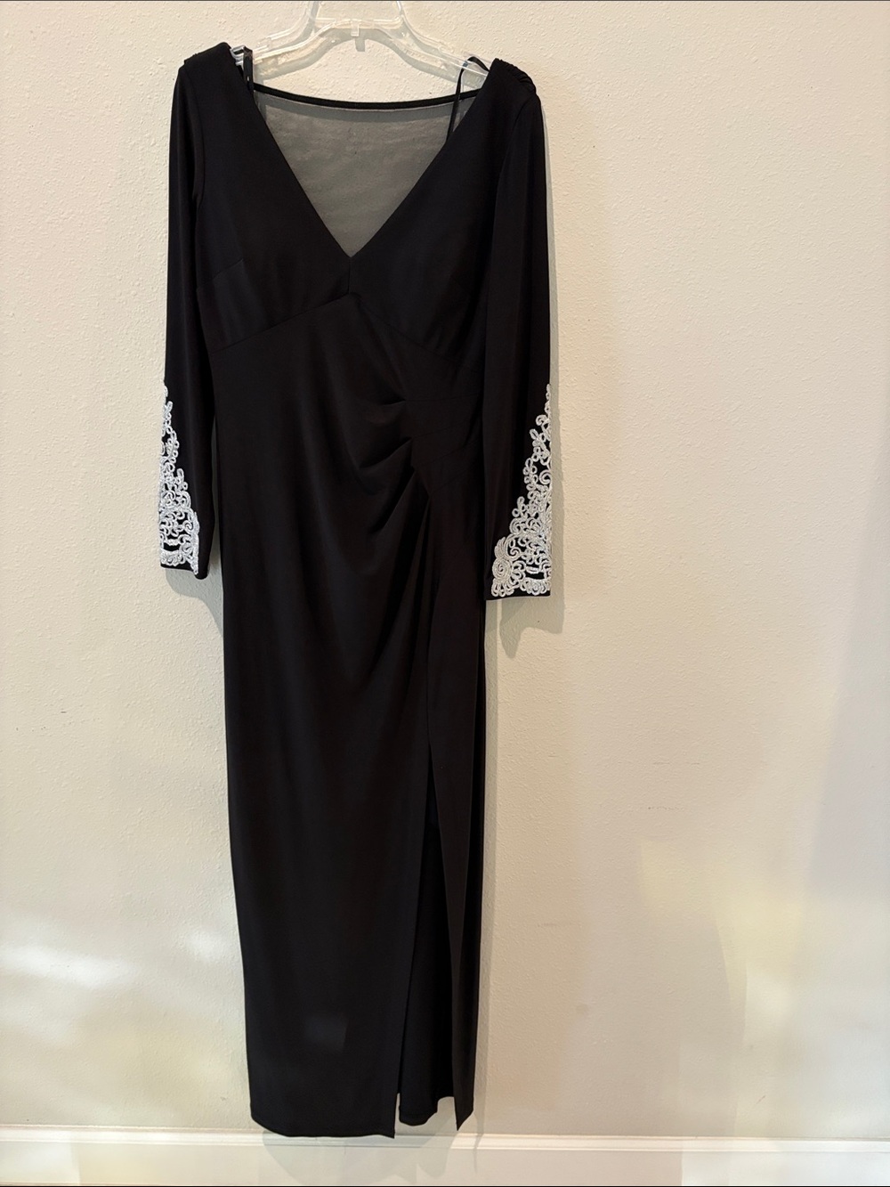 MARINA Black Long Sleeve V-Neck Dress with White Lace Cuffs